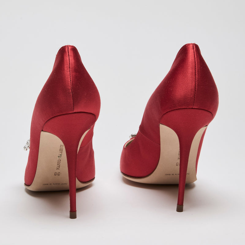 Manolo Blahnik Red Satin Nadira Pointed-Toe Pumps Size 38
