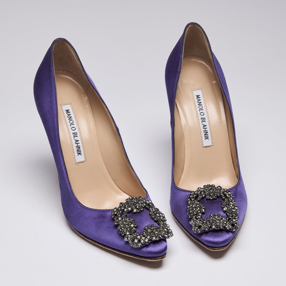 Manolo Blahnik Purple Satin Hangisi with Black Crystal Embellishment  (front)