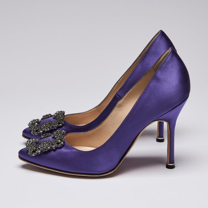 Manolo Blahnik Purple Satin Hangisi with Black Crystal Embellishment (side)