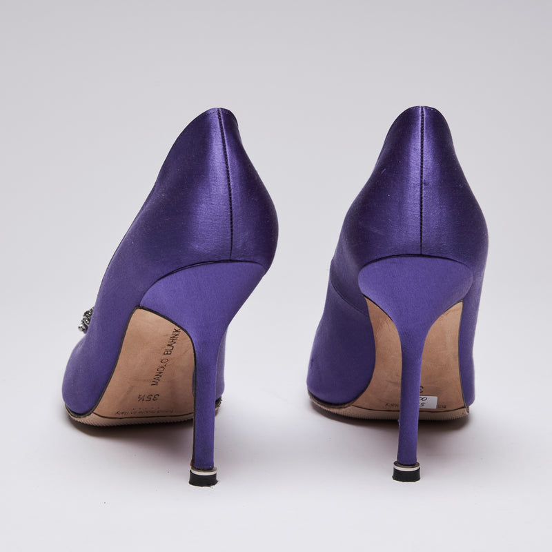 Manolo Blahnik Purple Satin Hangisi with Black Crystal Embellishment  (back)