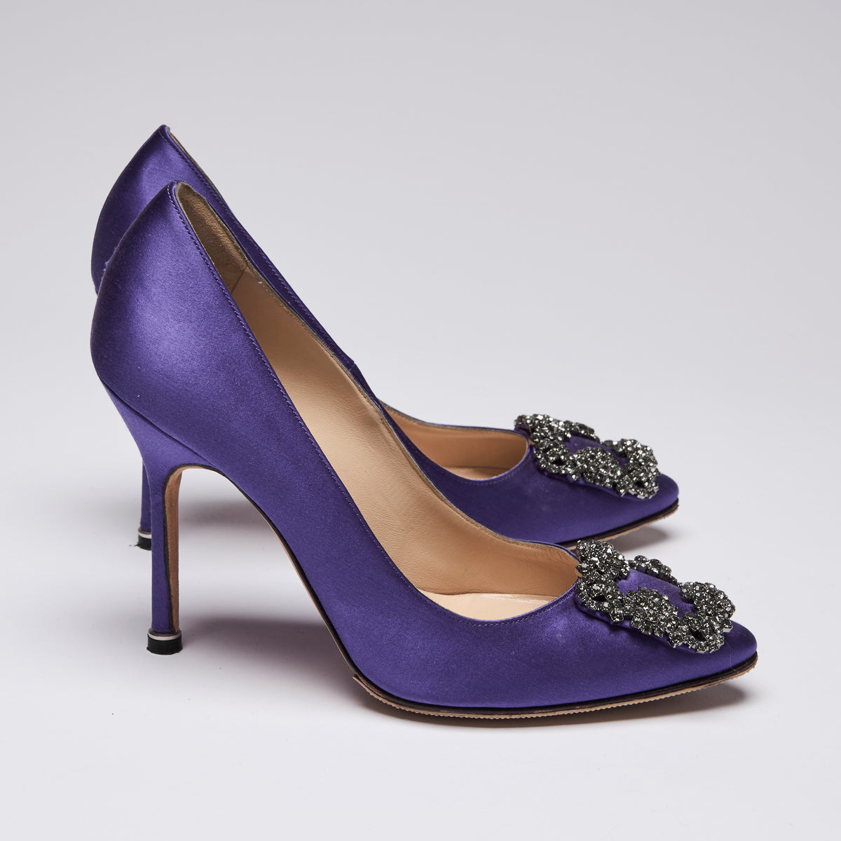 Manolo Blahnik Purple Satin Hangisi with Black Crystal Embellishment 