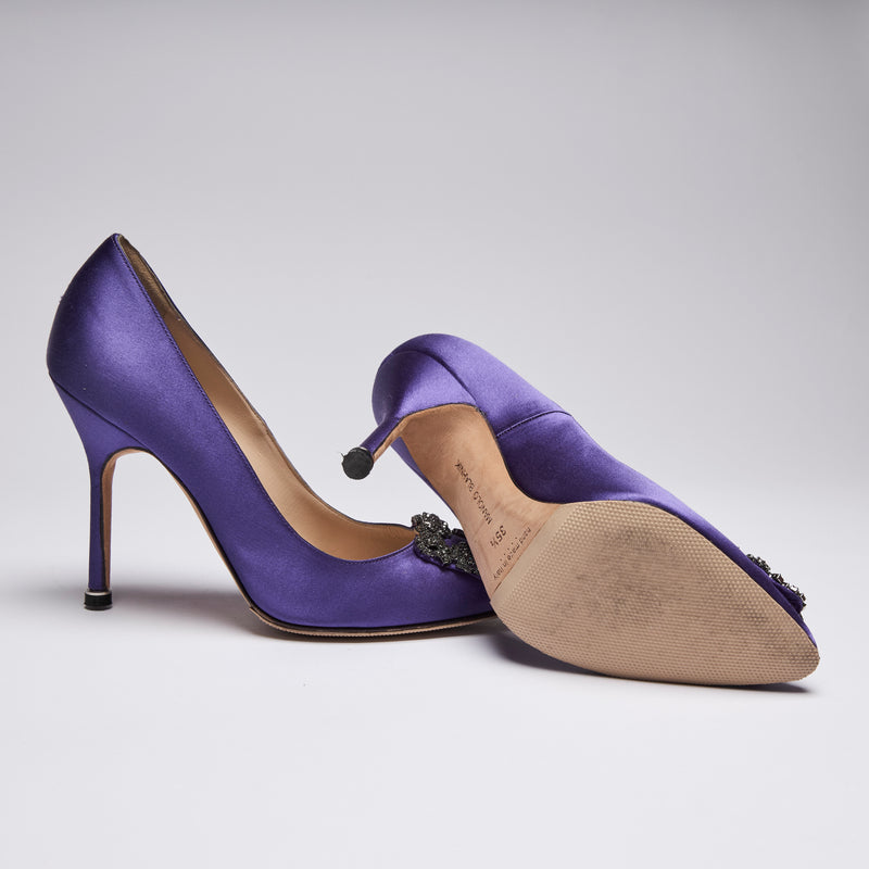 Manolo Blahnik Purple Satin Hangisi with Black Crystal Embellishment (bottom)