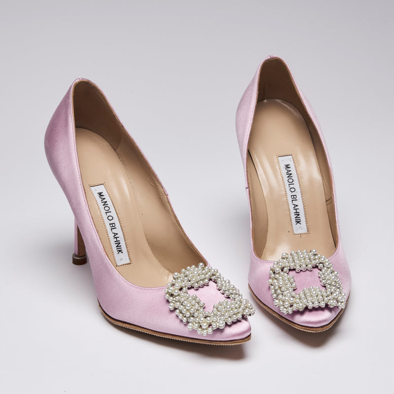 Manolo Blahnik Light Pink Satin Hangisi Heels with Mini Faux Pearl Embellishment (front)