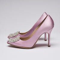 Manolo Blahnik Light Pink Satin Hangisi Heels with Mini Faux Pearl Embellishment (side)