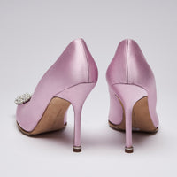 Manolo Blahnik Light Pink Satin Hangisi Heels with Mini Faux Pearl Embellishment (back)