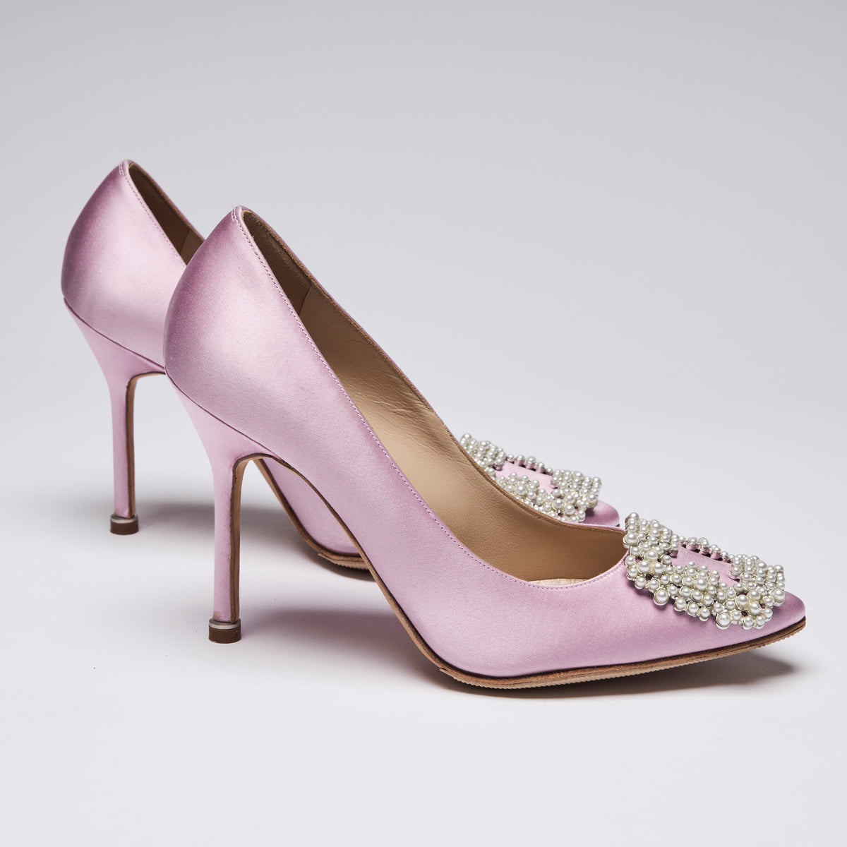 Manolo Blahnik Light Pink Satin Hangisi Heels with Mini Faux Pearl Embellishment (side)