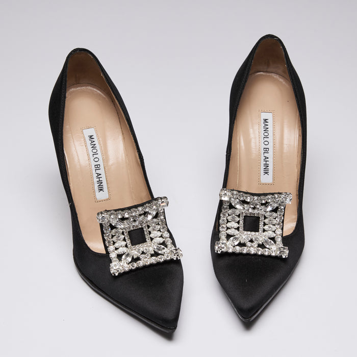 Manolo Blahnik Black Satin Borlak Crystal Embellished Heels  (front)