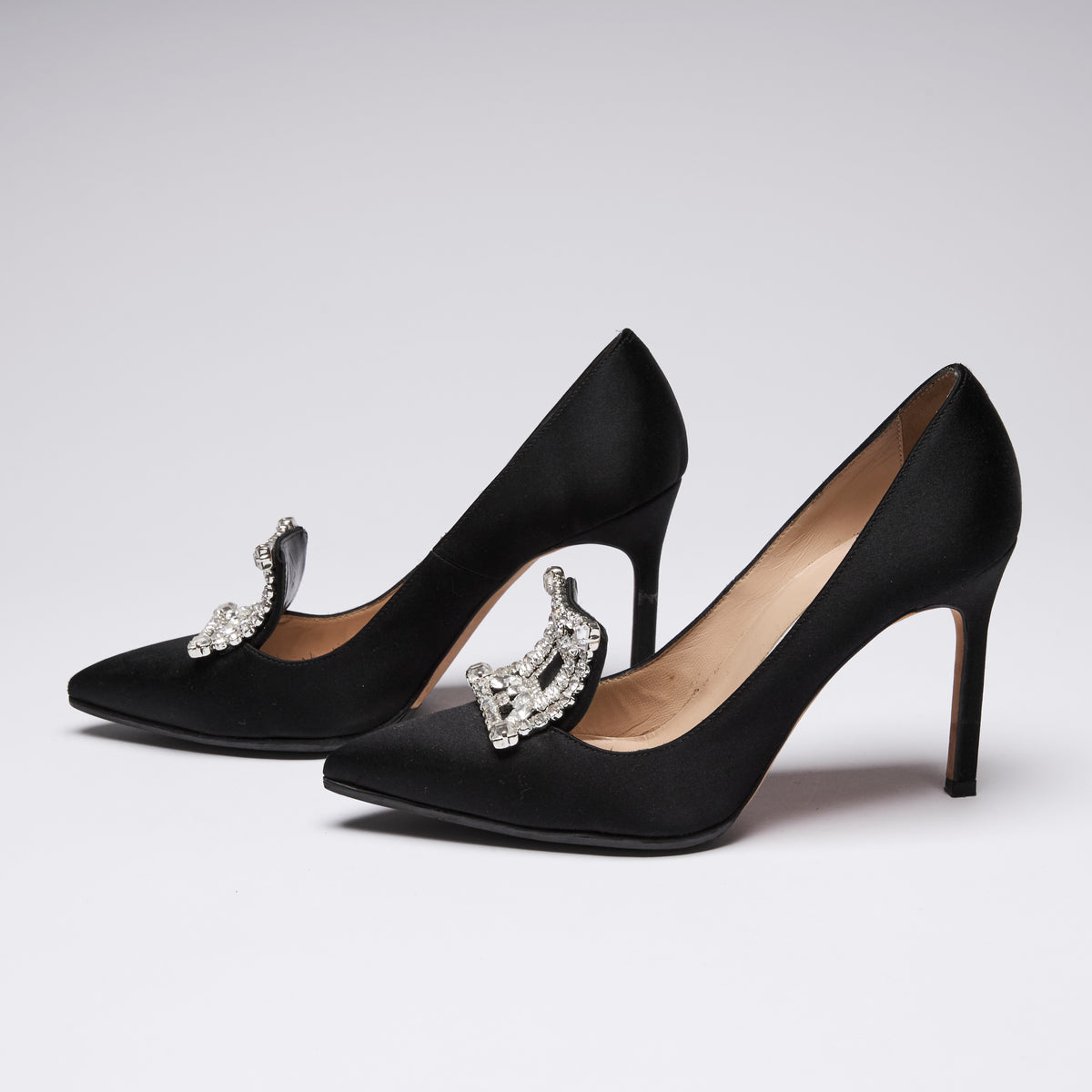 Manolo Blahnik Black Satin Borlak Crystal Embellished Heels  (side)