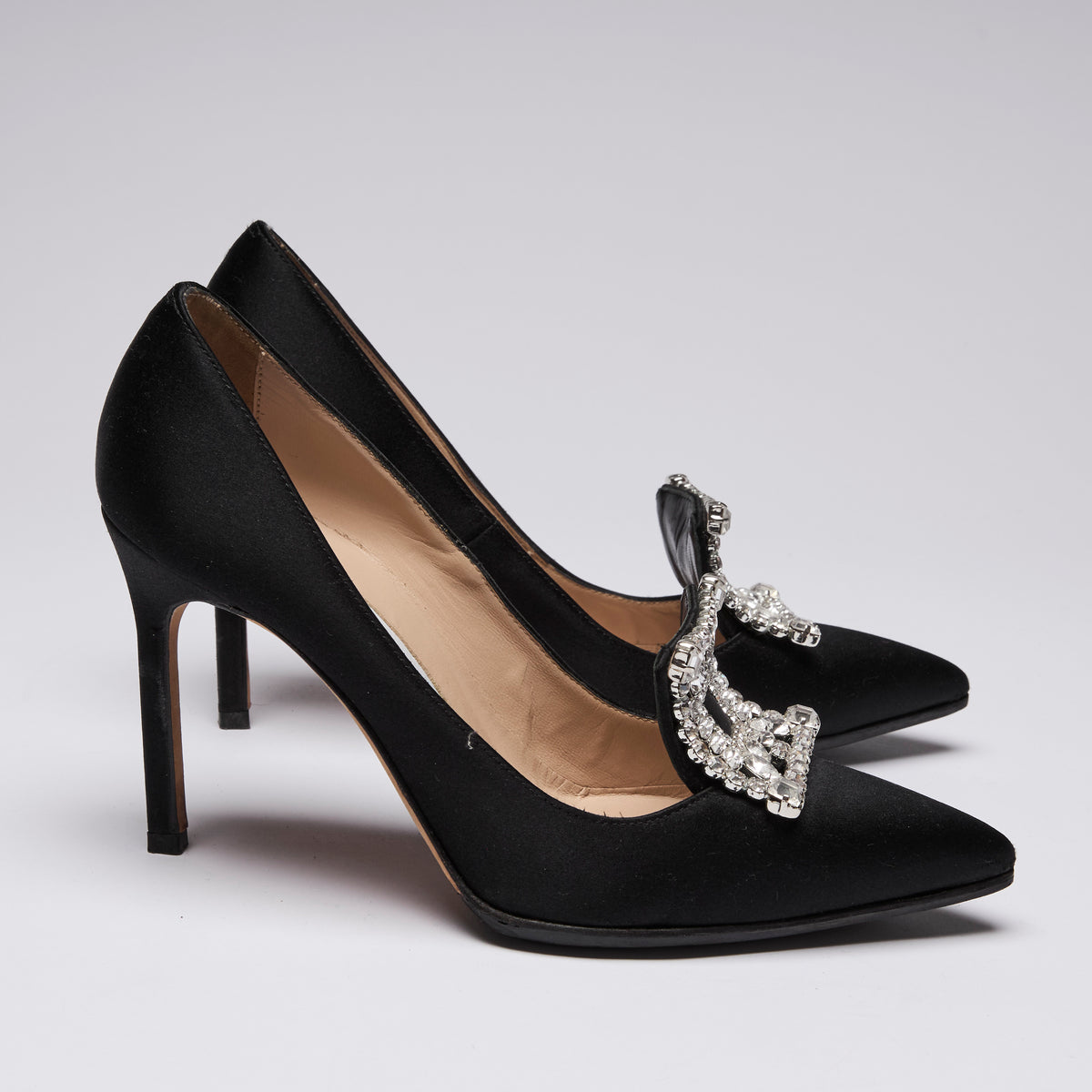 Manolo Blahnik Black Satin Borlak Crystal Embellished Heels (side)