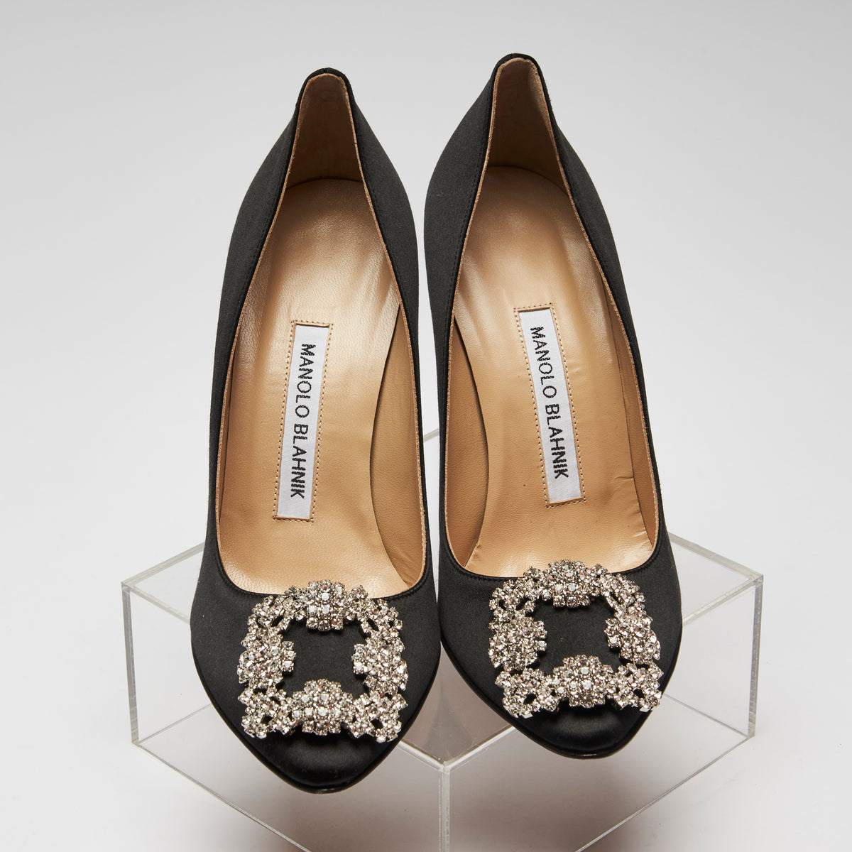 Excellent Pre-Loved Black Satin Heels with White Crystal Buckle Ornament/Dark Crystal Buckle Ornament.(front)