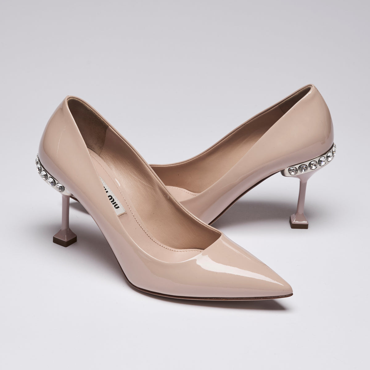 Miu Miu Nude Patent Leather Point Toe Heels with Crystal Embellishment(side)