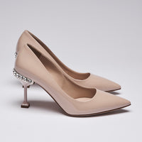 Miu Miu Nude Patent Leather Point Toe Heels with Crystal Embellishment (side)