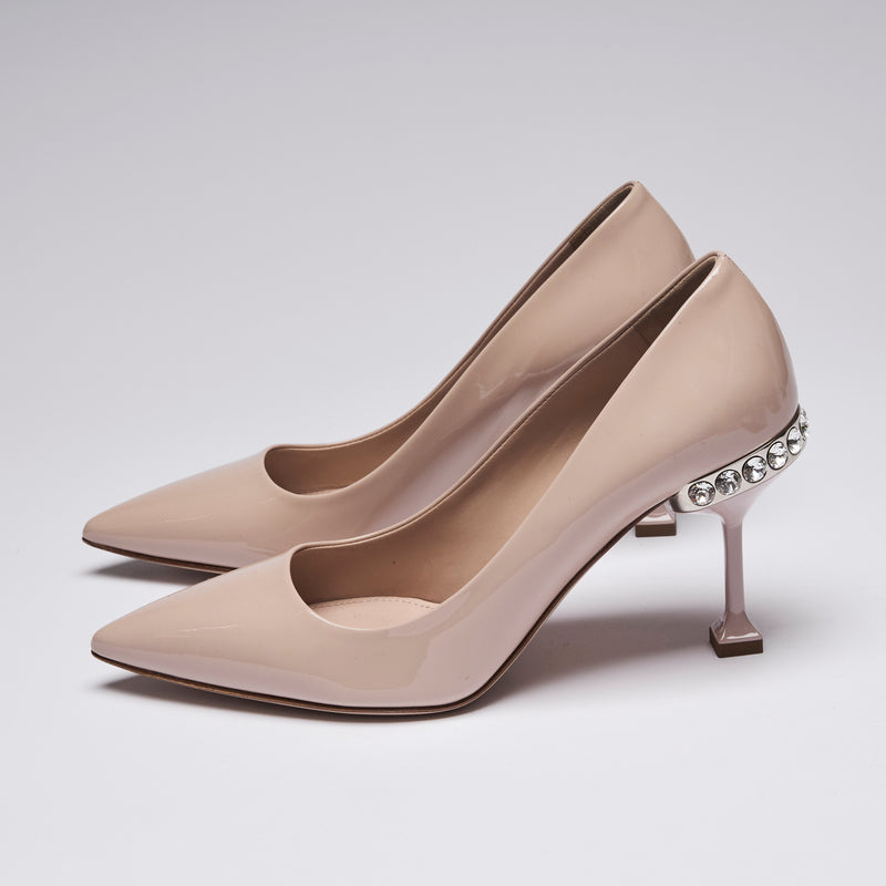 Miu Miu Nude Patent Leather Point Toe Heels with Crystal Embellishment(side)