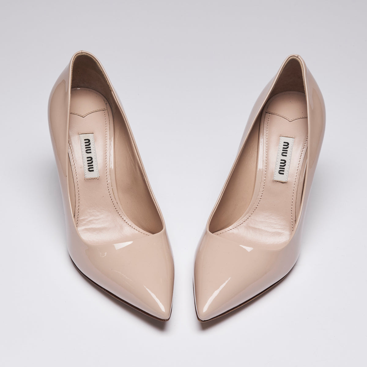 Miu Miu Nude Patent Leather Point Toe Heels with Crystal Embellishment (front)