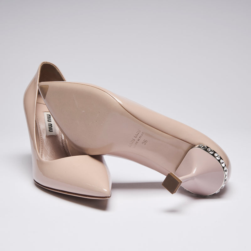 Miu Miu Nude Patent Leather Point Toe Heels with Crystal Embellishment (bottom)