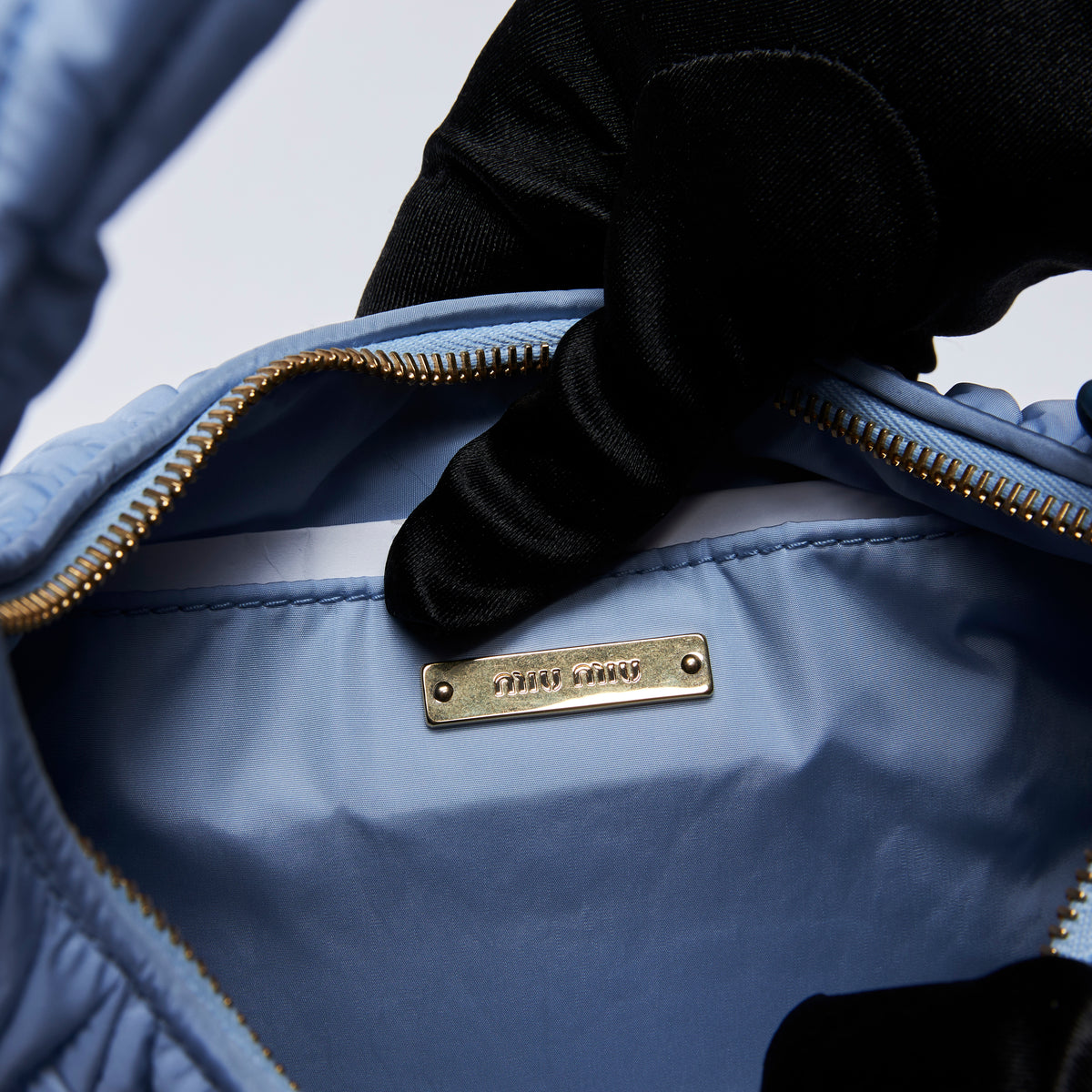 Excellent Pre-Loved Light Blue Nylon Pleated Shoulder Bag(logo)