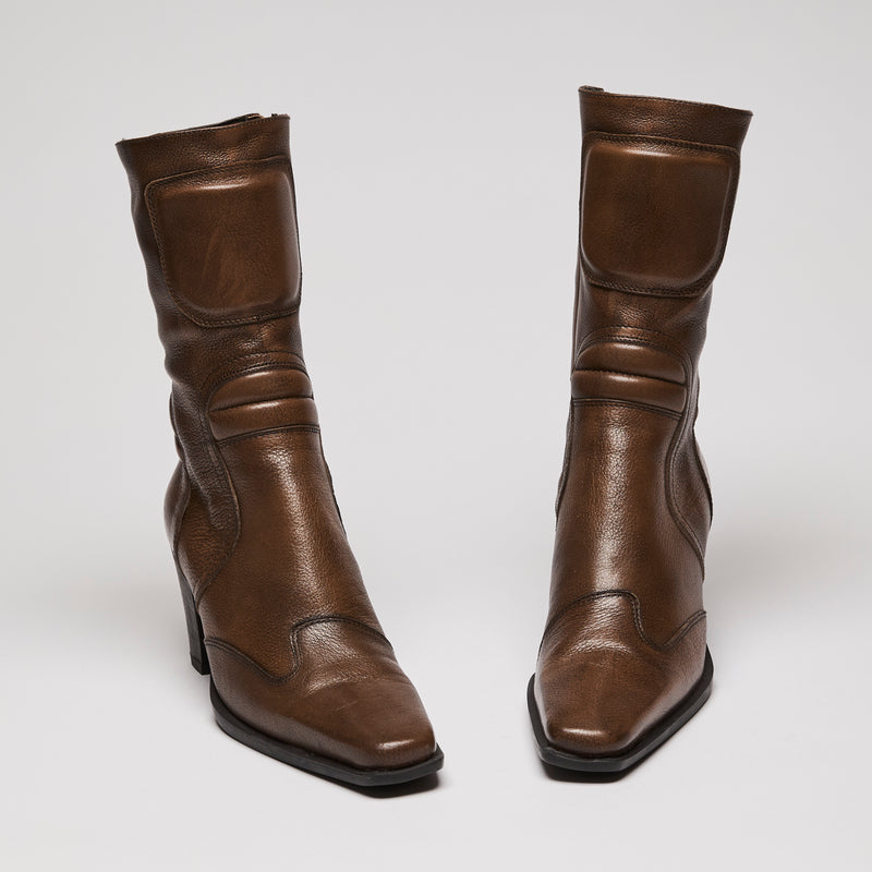 Miu Miu Brown Leather Mid Calf Pointed Toe Boots size 37.5(front)