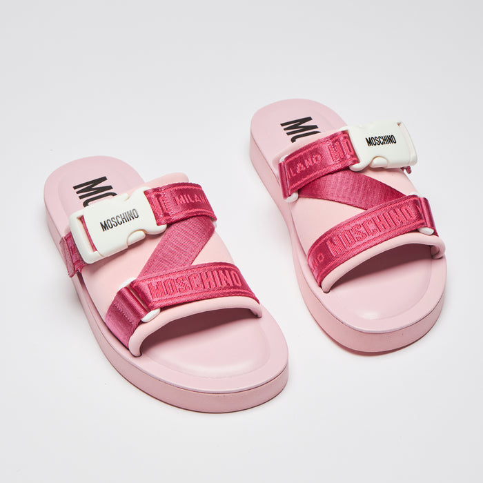 Excellent Pre-Loved Pink Slides with White Buckle Detail and Pink Ribbon Logo Strap.(Front)