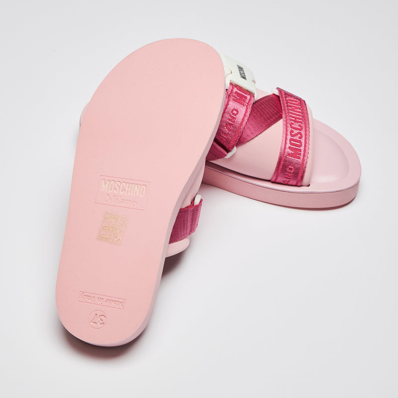 Excellent Pre-Loved Pink Slides with White Buckle Detail and Pink Ribbon Logo Strap.(bottom)