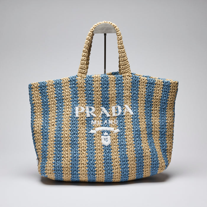 Prada Tan and Light Blue Crochet Straw Large Tote (Front)