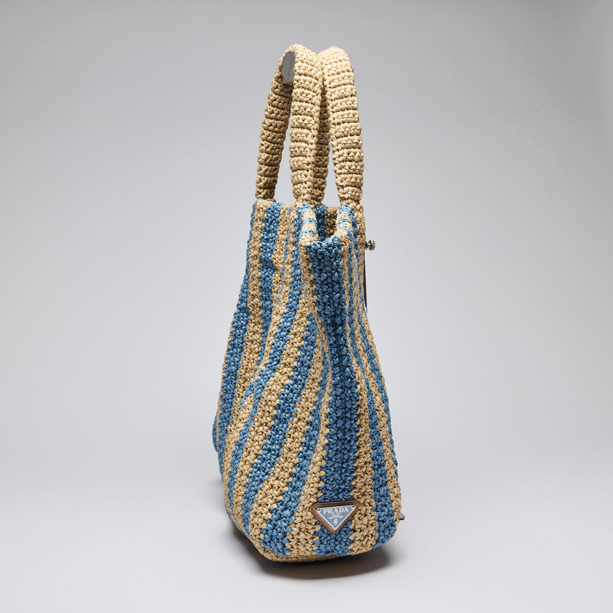 Prada Tan and Light Blue Crochet Straw Large Tote (Side)