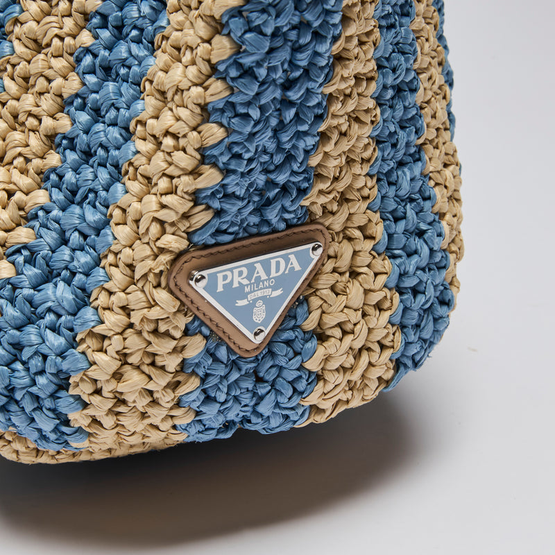 Prada Tan and Light Blue Crochet Straw Large Tote (Logo)