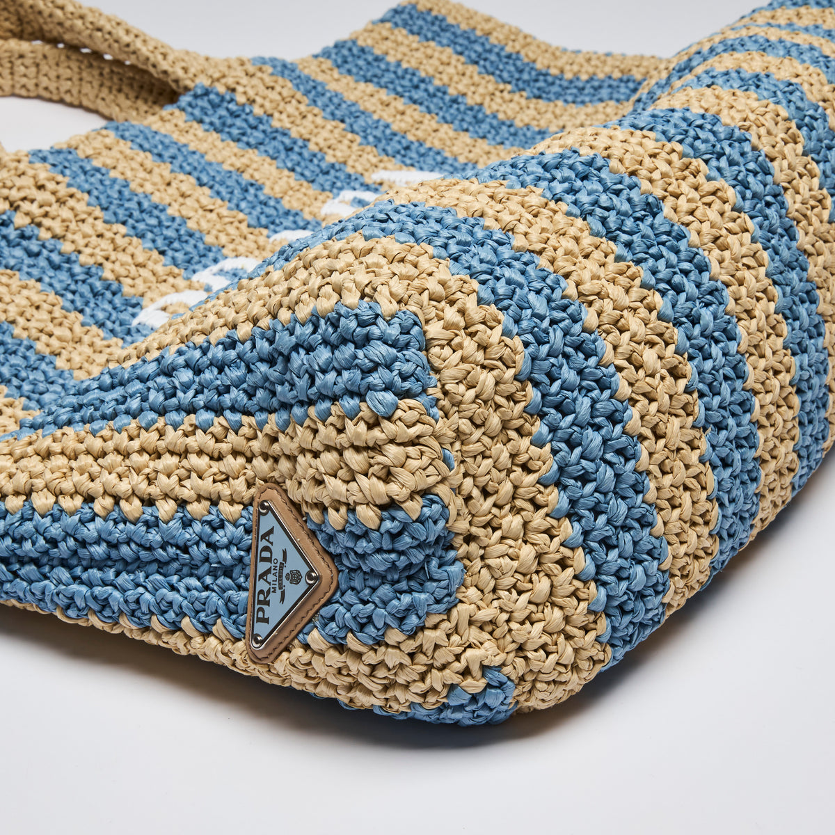 Prada Tan and Light Blue Crochet Straw Large Tote (Corners)