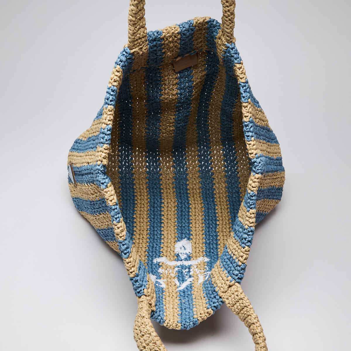 Prada Tan and Light Blue Crochet Straw Large Tote (Interior)