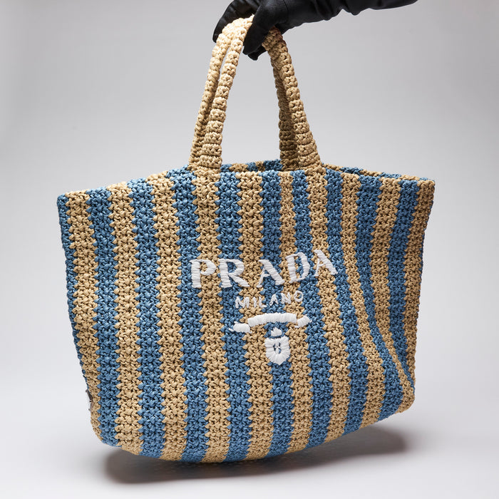 Prada Tan and Light Blue Crochet Straw Large Tote (Front)