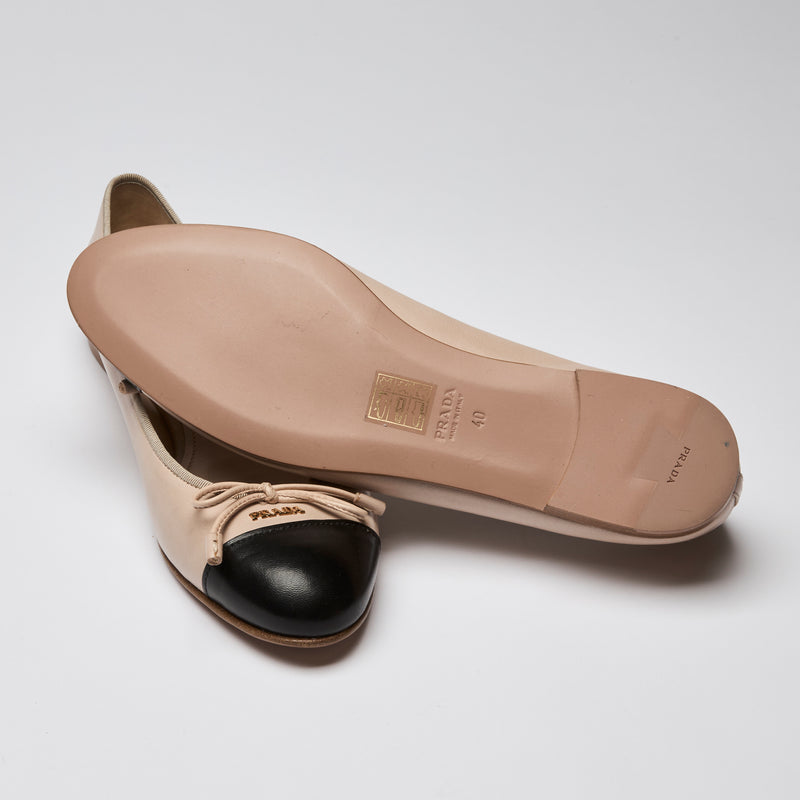 Prada Beige and Black Leather Ballet Flats Size 40