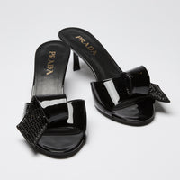 Prada Patent Leather Kitten Heel Slides with Crystal Bow Size 39.5