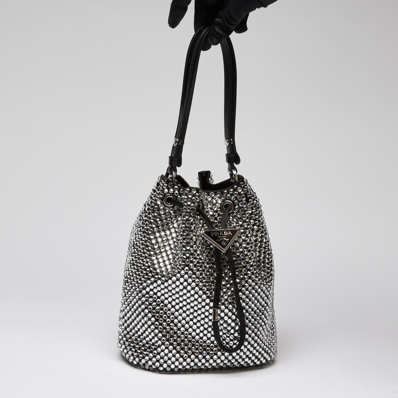 Prada Crystal Embellished and Black Leather Bucket Bag