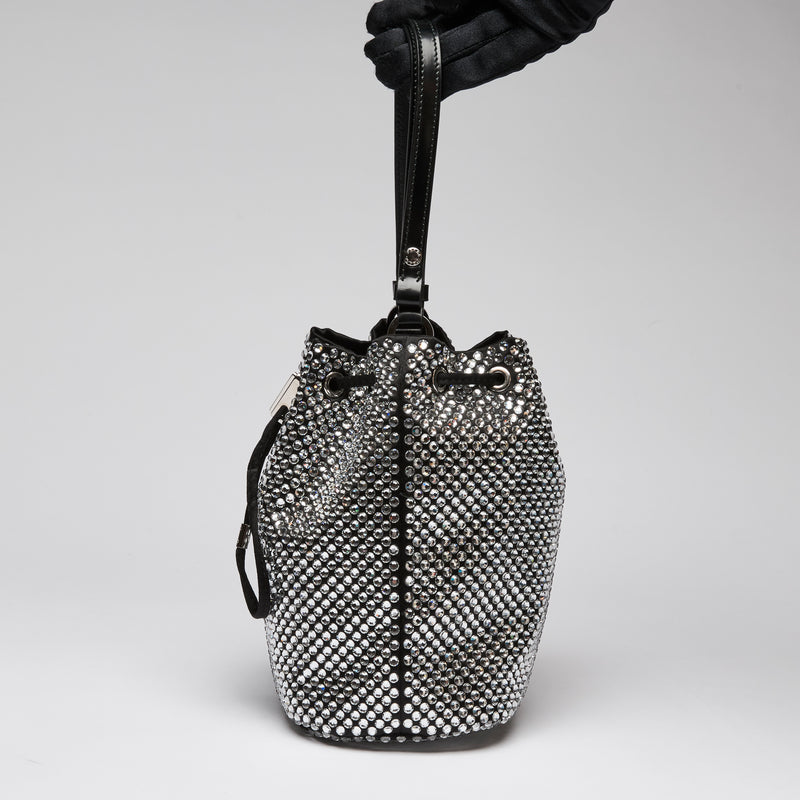 Prada Crystal Embellished and Black Leather Bucket Bag