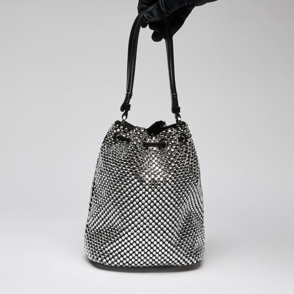 Prada Crystal Embellished and Black Leather Bucket Bag