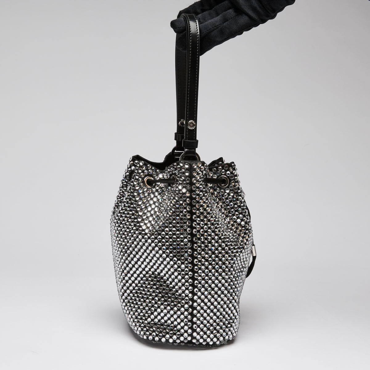 Prada Crystal Embellished and Black Leather Bucket Bag