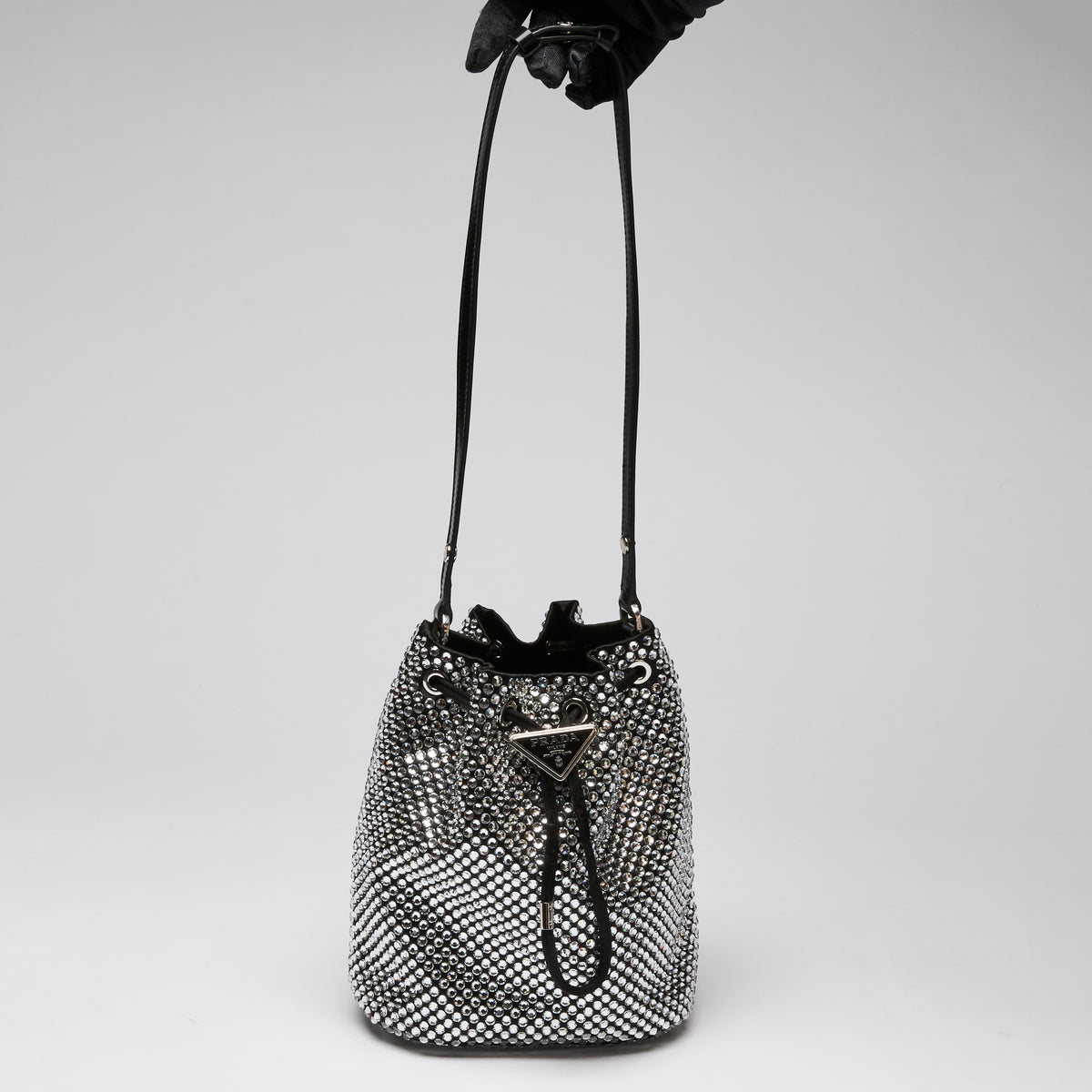 Prada Crystal Embellished and Black Leather Bucket Bag