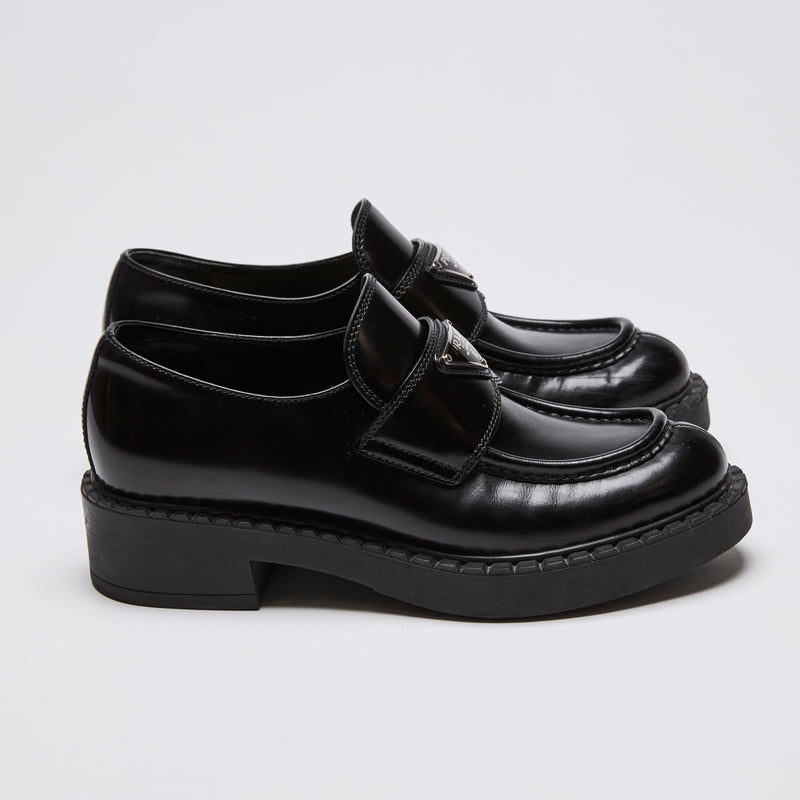 Prada Black Leather Logo Loafers Size 36