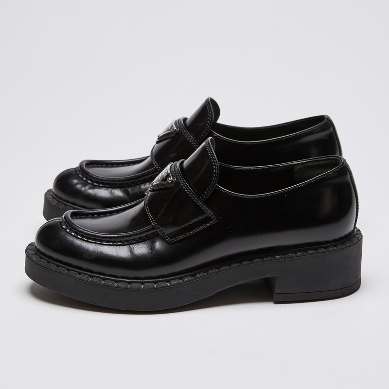 Prada Black Leather Logo Loafers Size 36