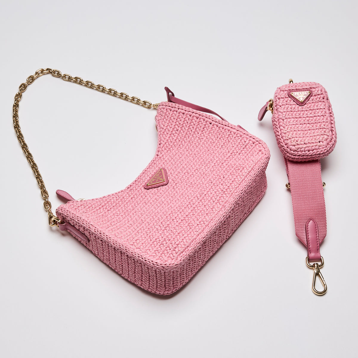 Prada Raffia Crochet Re-Edition 2005 Pink Shoulder Bag (Front)