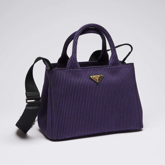 Pre-Loved Purple and Black Pinstriped Top Handle Tote Bag with Removable/Adjustable Shoulder Strap. (front)
