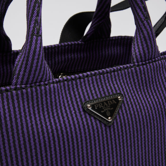 Pre-Loved Purple and Black Pinstriped Top Handle Tote Bag with Removable/Adjustable Shoulder Strap.(logo)