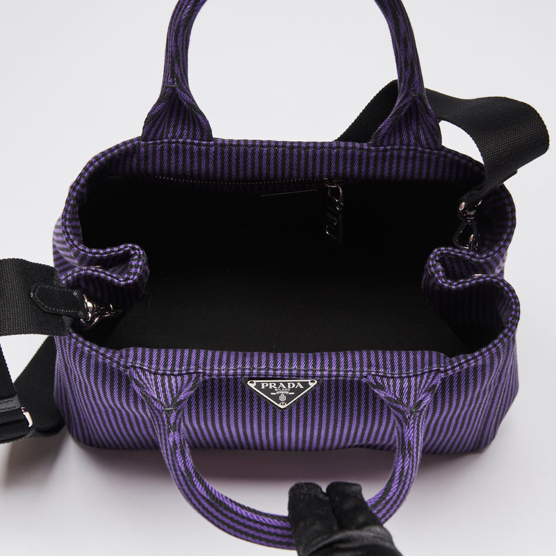 Pre-Loved Purple and Black Pinstriped Top Handle Tote Bag with Removable/Adjustable Shoulder Strap.(interior)