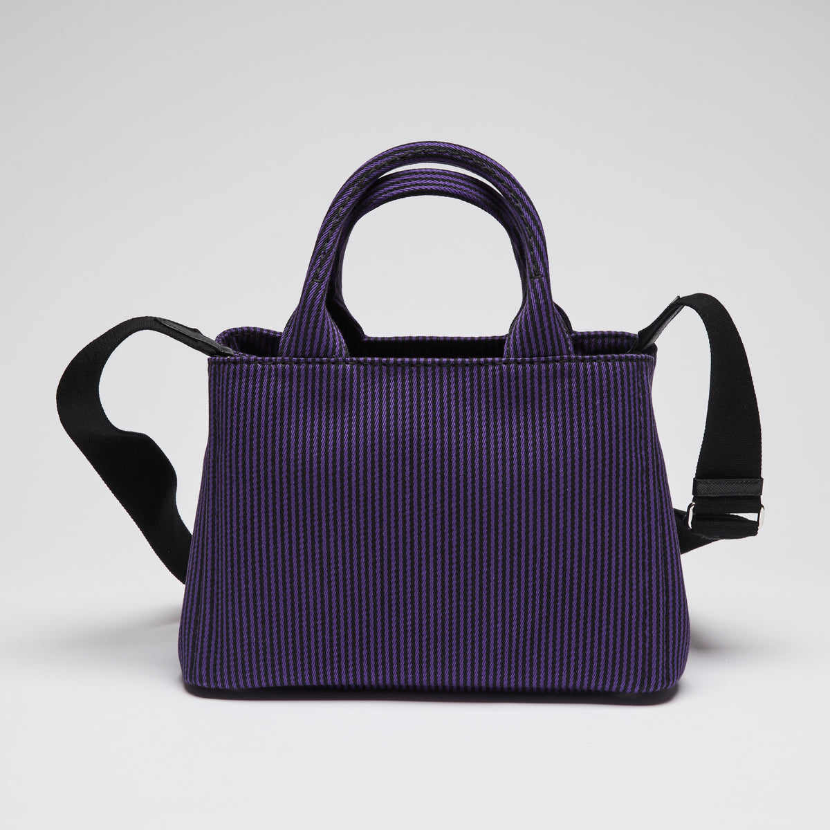 Pre-Loved Purple and Black Pinstriped Top Handle Tote Bag with Removable/Adjustable Shoulder Strap.(back)