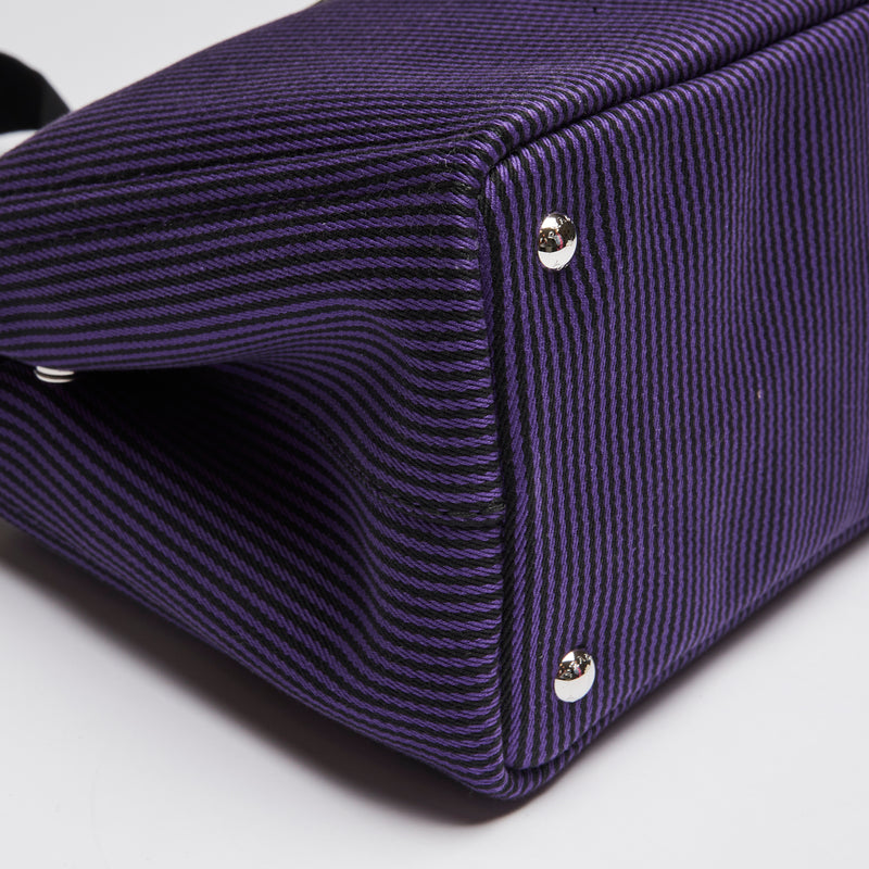 Pre-Loved Purple and Black Pinstriped Top Handle Tote Bag with Removable/Adjustable Shoulder Strap. (corner)