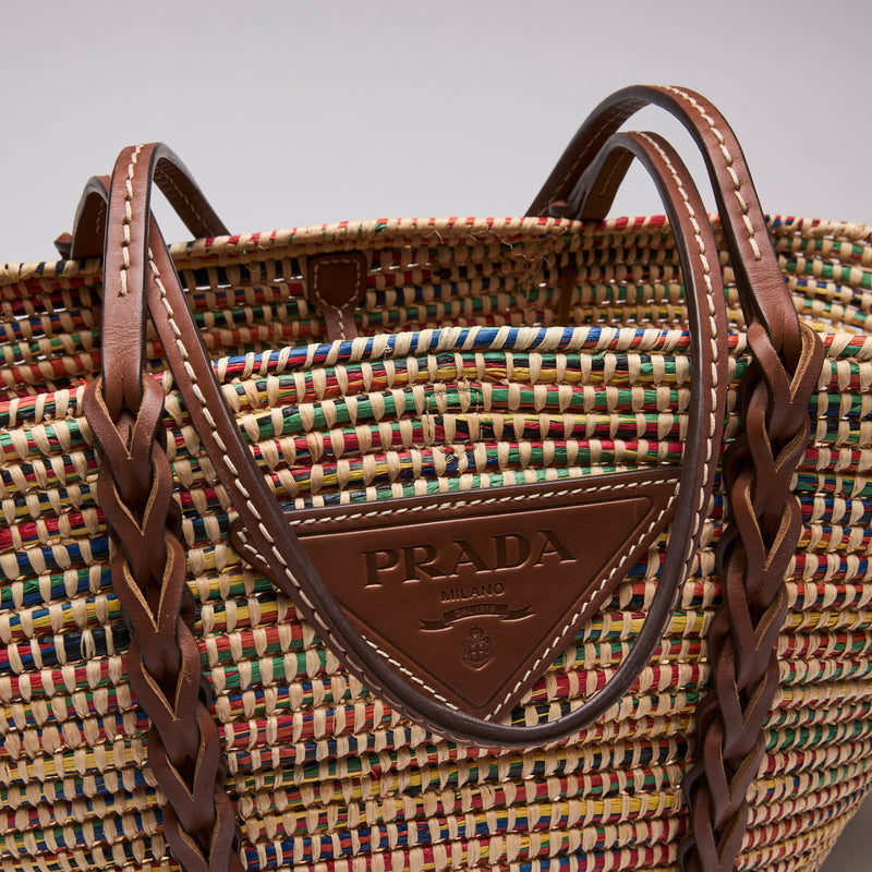 Paglia Vitello Woven Braided Basket Tote Multicolor Cognac (Handle)