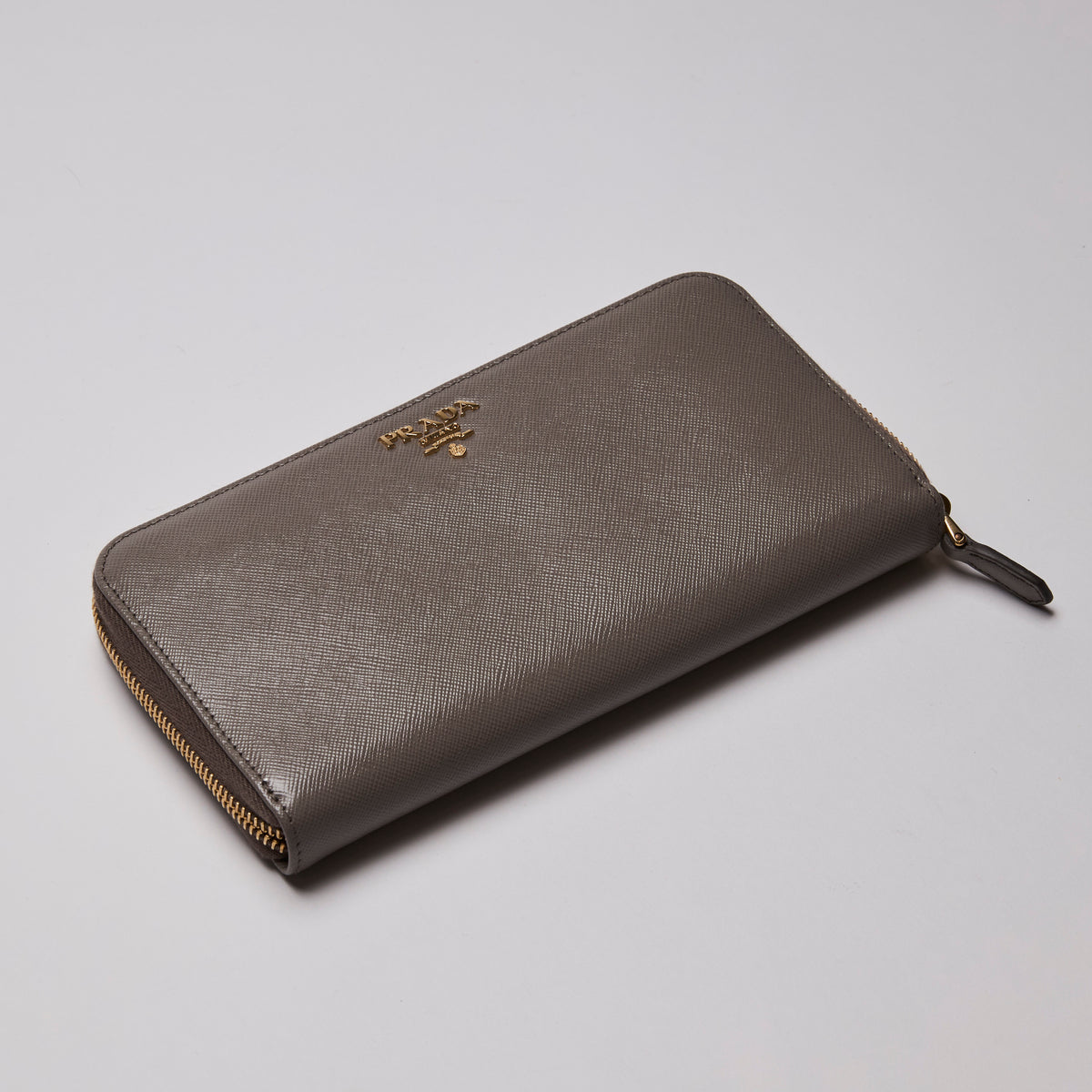 Prada Grey Saffiano Leather Zip Around Continental Wallet (Front)