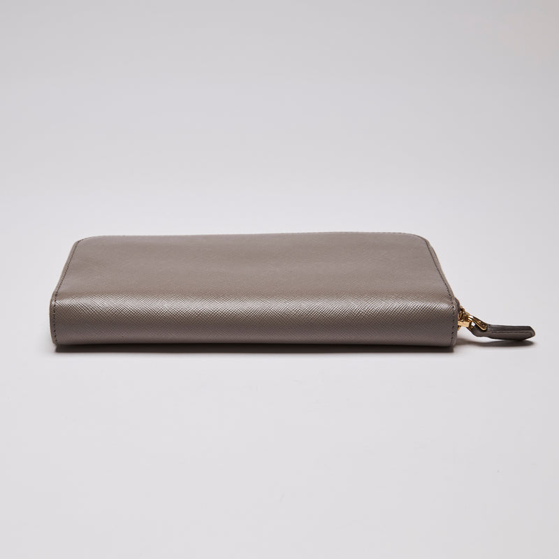 Prada Grey Saffiano Leather Zip Around Continental Wallet (bottom)