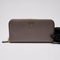 Prada Grey Saffiano Leather Zip Around Continental Wallet (Front)