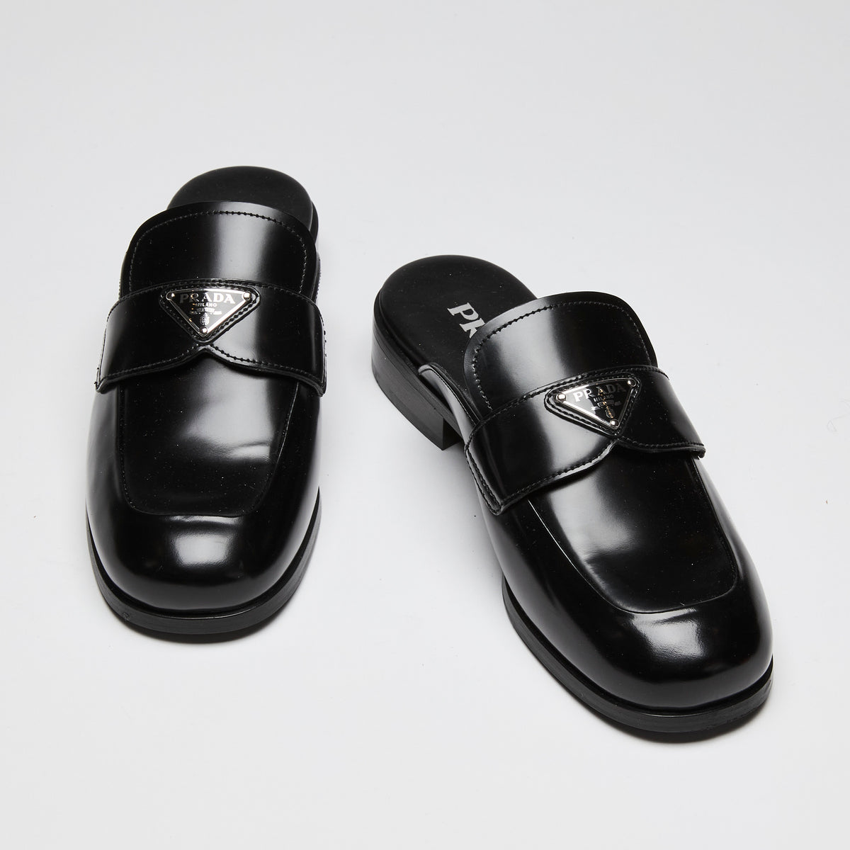 Prada Black Brushed Leather Logo Mules Size 36