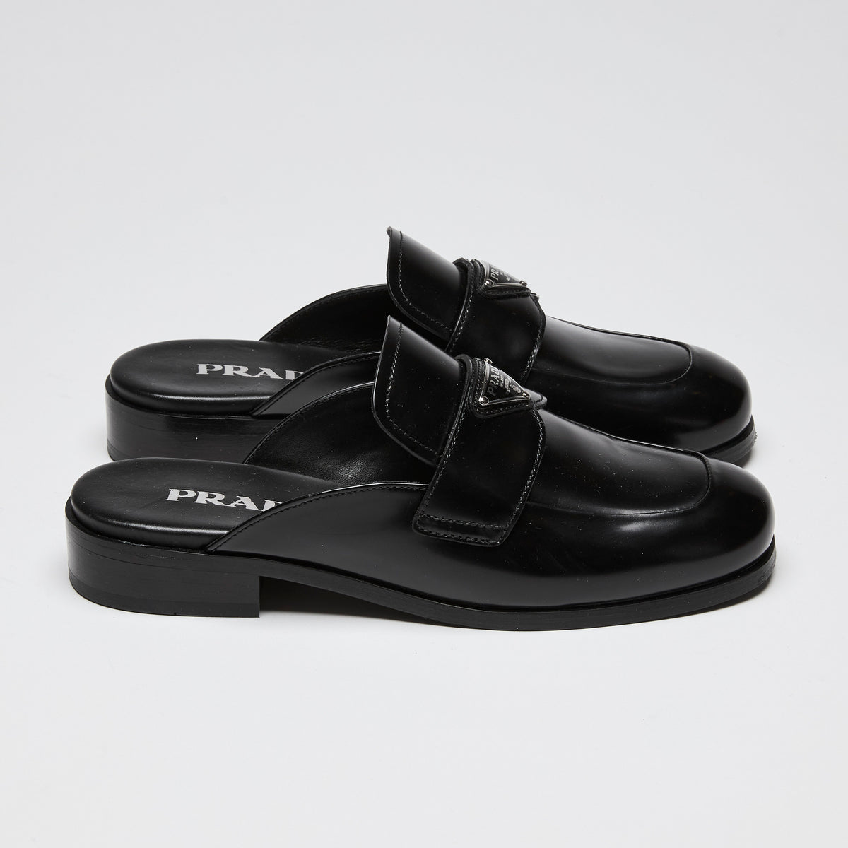 Prada Black Brushed Leather Logo Mules Size 36